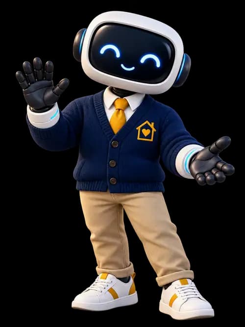 SAL, a friendly white-and-blue robot in a navy cardigan, waving and offering help